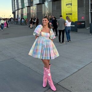 Selkie Pastel Plaid Puff Sleeve Mini Dress